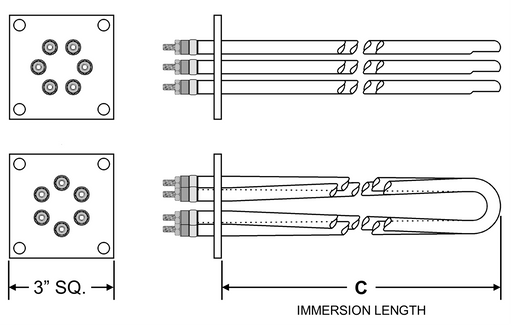 Model No: BPV-18023-22, 18000W @ 208V 22" Immersion Length Boiler Pressure Vessel / Vulcan Boiler Equivalent Replacement Elements With 3-1/8" SQ. Flange