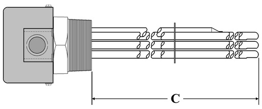 AA-3043-SSN Models: 3000W @ 240V 3-Phase 9" Immersion Length Unregulated Incoloy Sheath With Stainless Steel 2-1/2" NPT Screw Plug Immersion Elements