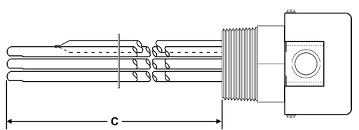 CC-3051 Model: 3000W @ 480V 1-Phase 11" Immersion Length Unregulated Copper Sheath With Brass 2-1/2" NPT Screw Plug Immersion Elements
