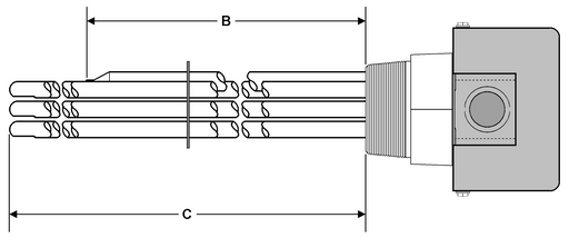 A-7543 Models: 7500W @ 240V 3-Phase 20" Immersion Length Non-regulated Incoloy Sheath With Brass 2" NPT Screw Plug Immersion Elements