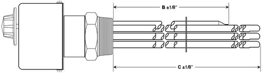EA-10043-SSN Model: 10000W @ 240V, 3-Phase 25" Immersion Length Regulated Incoloy Sheath With Stainless Steel 2" NPT Screw Plug Immersion Elements