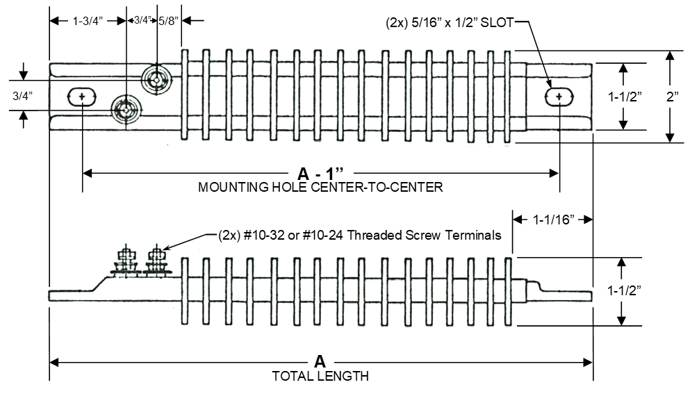 Finned Steel Channel Strip Heaters With Mounting Tabs and (2) ﻿#10-32 or #10-24 Screw Terminals Offset (Diagonal) At One End