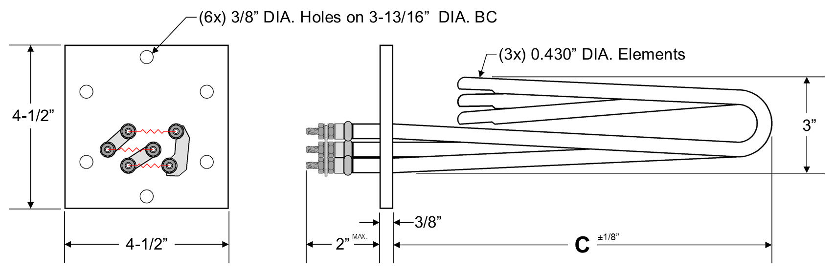 Model CES-22543: 22.5kW, 240V, 4-1/2" Square Flange Incoloy Alloy Boiler Replacement Element